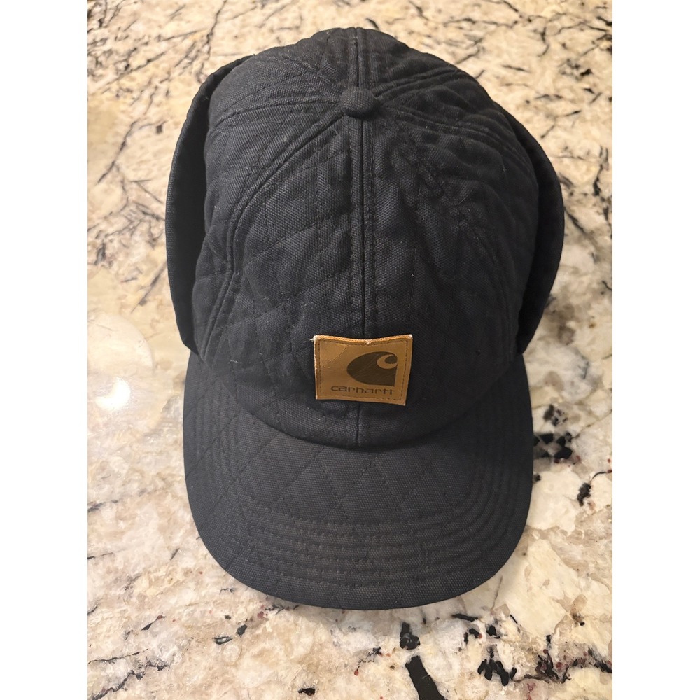 Vintage Carhartt A160 Quilted Ear Flap Hat L/XL Black Workwear Gorpcore Outdoor